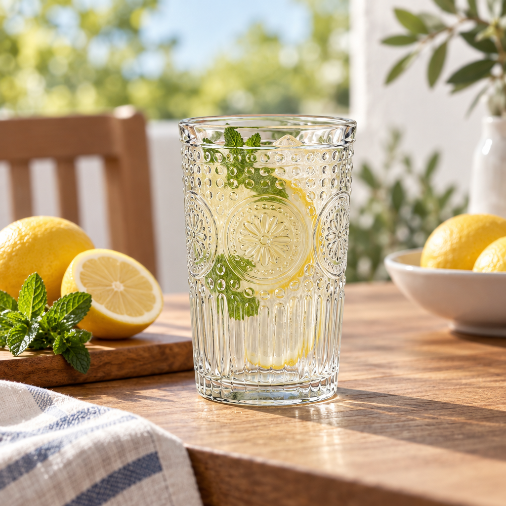 Qavlori™ Vintage Embossed Glass Drinking Cup hero